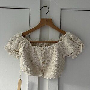 She Made Me Crochet Knit Off Shoulder Crop Top - Ivory - Size M